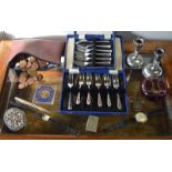 Various collectables including electroplated snuff box and powder compact, pair of candlesticks,