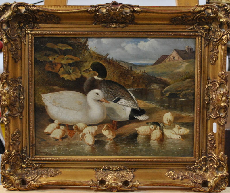 English school - Ducks with their young at pond edge, oil on canvas, 29. - Image 2 of 3