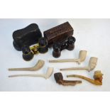 Six various clay pipes to/w two leather-mounted pairs of opera glasses