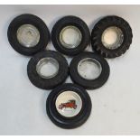 Six tyre company advertising ashtrays with miniature tyre surrounds