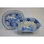 A Rogers early 19th century blue and white transfer decorated chestnut basket and matching