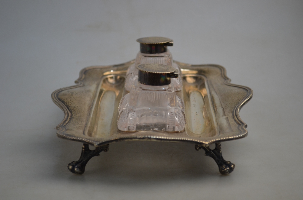 A late Victorian ink standish with two silver-topped cut glass bottles and beaded rim and claw feet, - Image 7 of 9