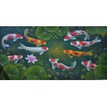 Maria Sibylla Jordens (b 1945) - Koi with water lilies, oil on canvas, signed lower right,