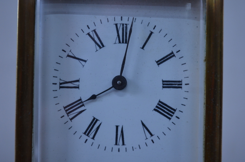 A French brass carriage clock with enamel dial and bevelled glass panels 15 cm high overall - Image 4 of 4