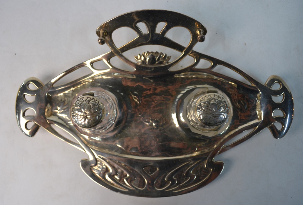 A German Art Nouveau style electroplated inkstand fitted with two cut glass bottles, 37 cm wide, - Image 2 of 6