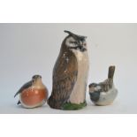 Three Royal Copenhagen birds - Owl, 2999; Robin, 2266 and Sparrow Tail Up,
