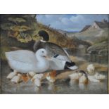 English school - Ducks with their young at pond edge, oil on canvas, 29.