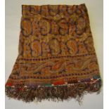 An early 20th century Kashmiri fine wool/silk shawl in multi-coloured paisley design on black