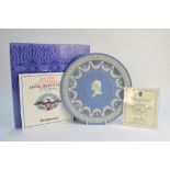 Wedgwood blue and white jasper 'Trophy Plate', with cane, lilac and sage green ornamentation,