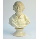 A Belleek bust of Shakespeare raised on a socle base, 21 cm high,