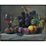 Ellen Ladell (fl 1886-98) - Still life study with fruit, walnuts, butterfly, oil on panel,