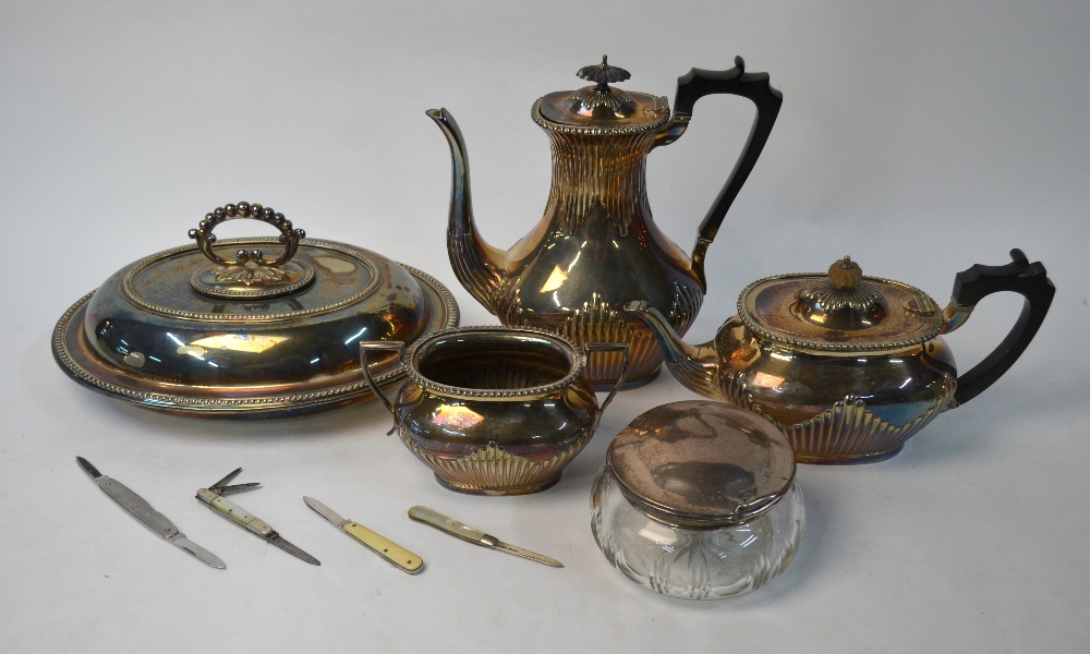 An Elkington plate half-reeded four-piece tea/coffee service, to/w an oval entree dish and cover,