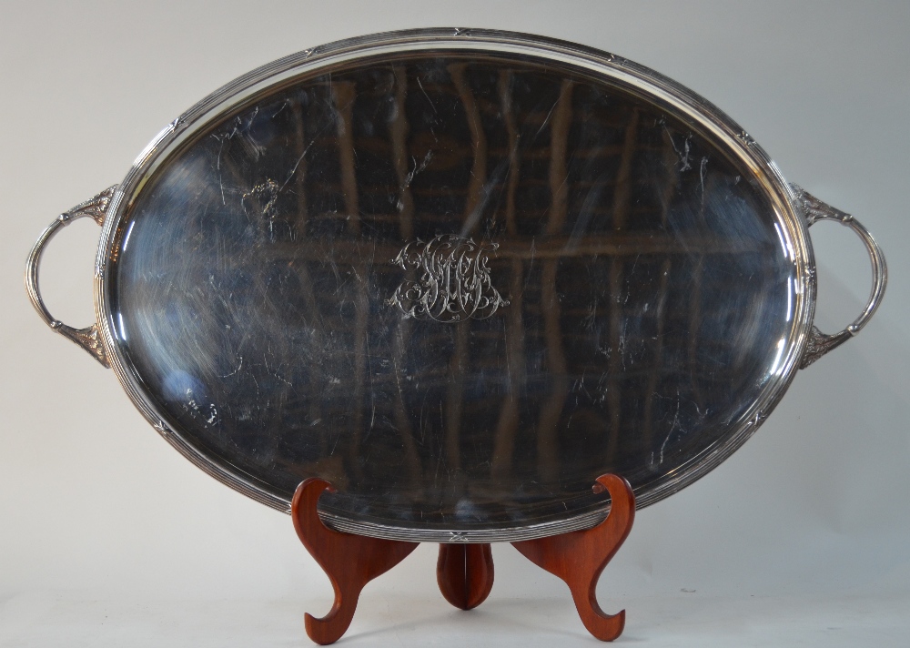 A large oval electroplated tray with reeded rim and twin handles, - Image 2 of 7