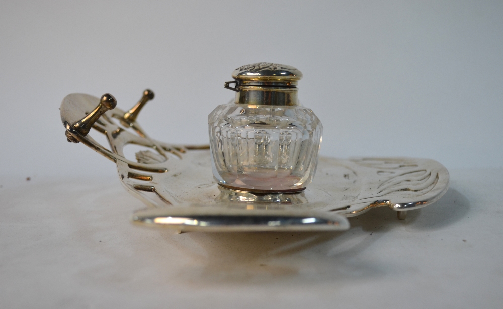 A German Art Nouveau style electroplated inkstand fitted with two cut glass bottles, 37 cm wide, - Image 3 of 6