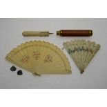 A mahogany and brass pocket telescope to/w a bone fan, bone parasol handle,