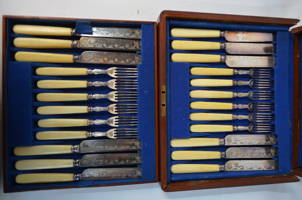 A Victorian mahogany-cased set of twelve each dessert knives and forks and an inlaid walnut canteen - Image 3 of 7