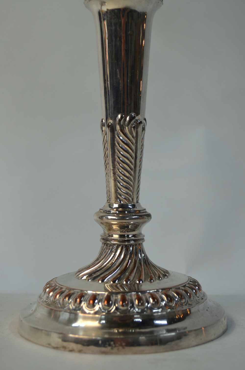 A pair of electroplated twin-branch candelabra on baluster pillars and circular bases - Image 3 of 8