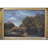 English school - A river landscape in autumn with sheep, oil on canvas, 34.