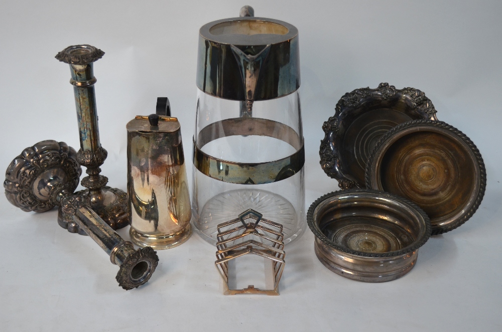 A glass punch-jug with electroplated mounts, to/w a pair of candlesticks, three bottle coasters, - Image 6 of 10