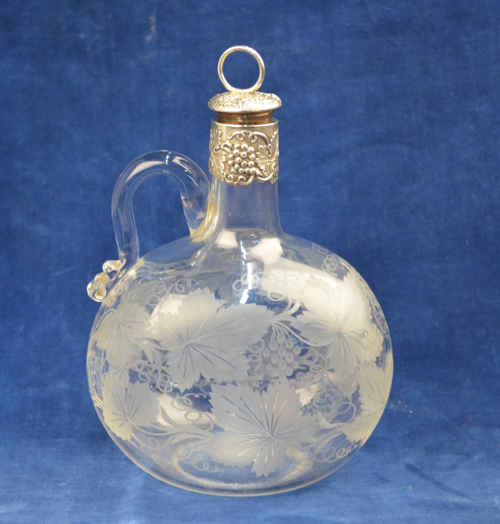 A Victorian glass wine bottle with wheel-etched vine decoration and vine-embossed silver collar and - Image 4 of 4