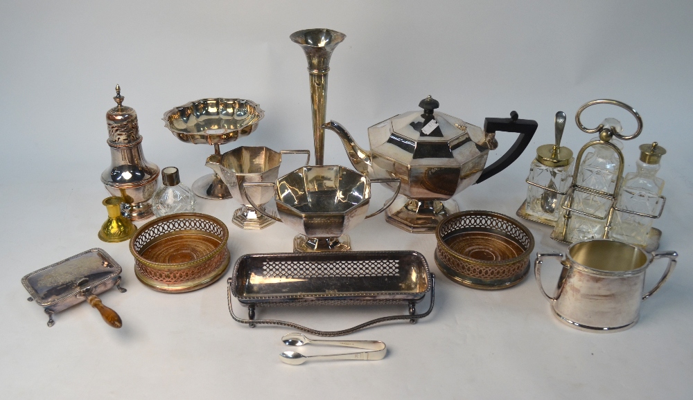 An octagonal electroplated three-piece tea service,