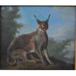 Continental school - Study of a lynx in a landscape, oil on panel, 22.5 x 26.