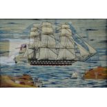 A 19th century longstitch wool picture of a Naval ship of the Line with two rows of guns,