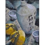 Daniel Kelly (b 1947) - Still life study with Japanese vase, bowls and fruit,