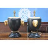 A pair of Regency style black basalt urn table lamps,