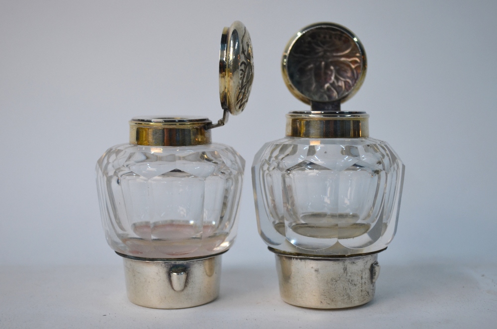 A German Art Nouveau style electroplated inkstand fitted with two cut glass bottles, 37 cm wide, - Image 5 of 6