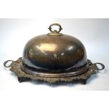 An epns oval tray with ornate shell and scroll rim and twin handles,