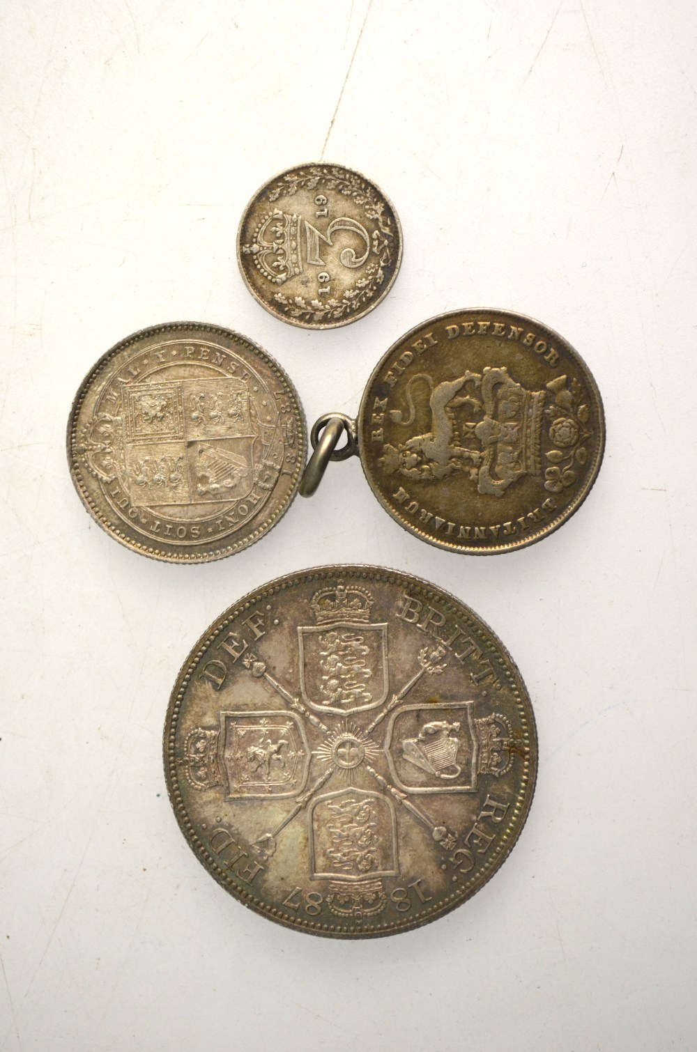 An 1887 double-florin and 1887 shilling, both EF-VF, an 1826 shilling (welded ring) and 1919 3d, - Image 5 of 9