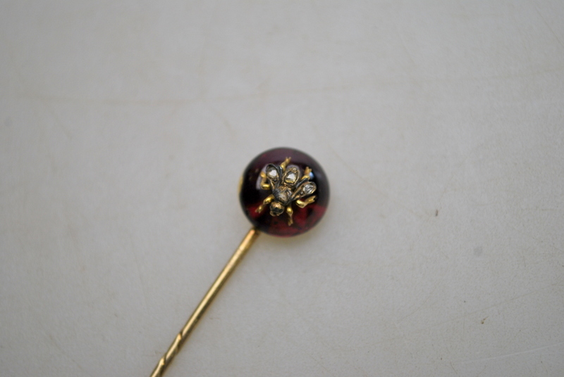 A Victorian stick pin of circular almandine garnet with diamond set bee in centre, - Image 3 of 4