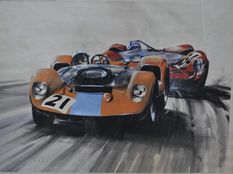 **Dion Pears (1929-85) - Bruce McClaren leading John Surtees, watercolour with bodycolour,
