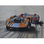 **Dion Pears (1929-85) - Bruce McClaren leading John Surtees, watercolour with bodycolour,