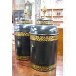 A pair of japanned and gilt decorated table lamps in the style of tea canisters by Porta Romana Ltd.