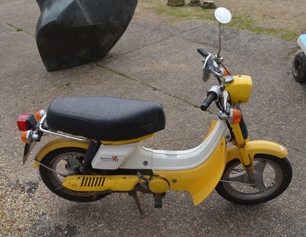 A 1978 vintage Honda NF75 motorcycle, 71 cc, yellow, showing 4,508 miles,