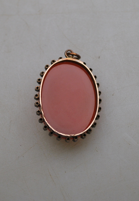 An antique oval agate cameo pendant of classical female with rose diamonds around, - Image 2 of 2