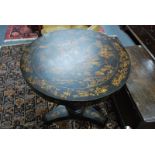 A well executed Victorian style black japanned and gilt pictorial decorated table,