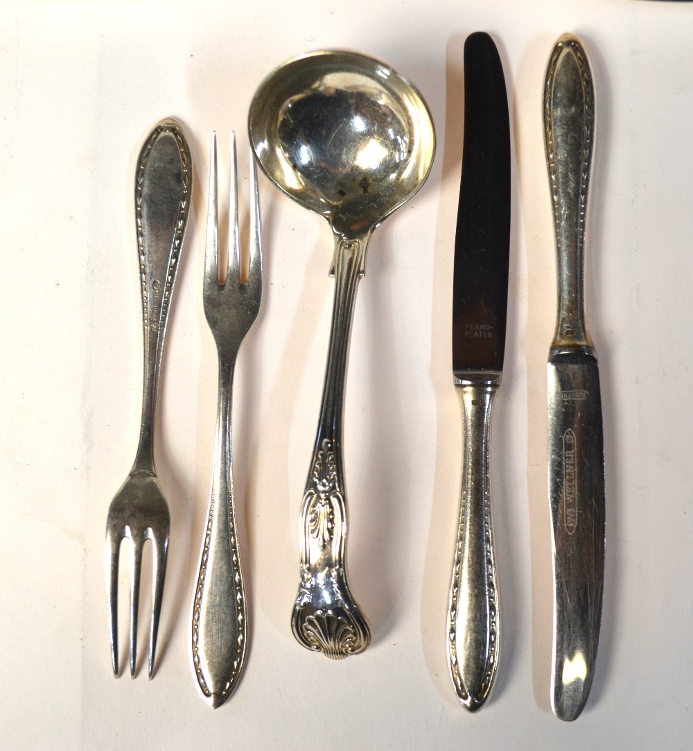 A quantity of plated table-wares, including continental dessert knives and forks, sauce boat,