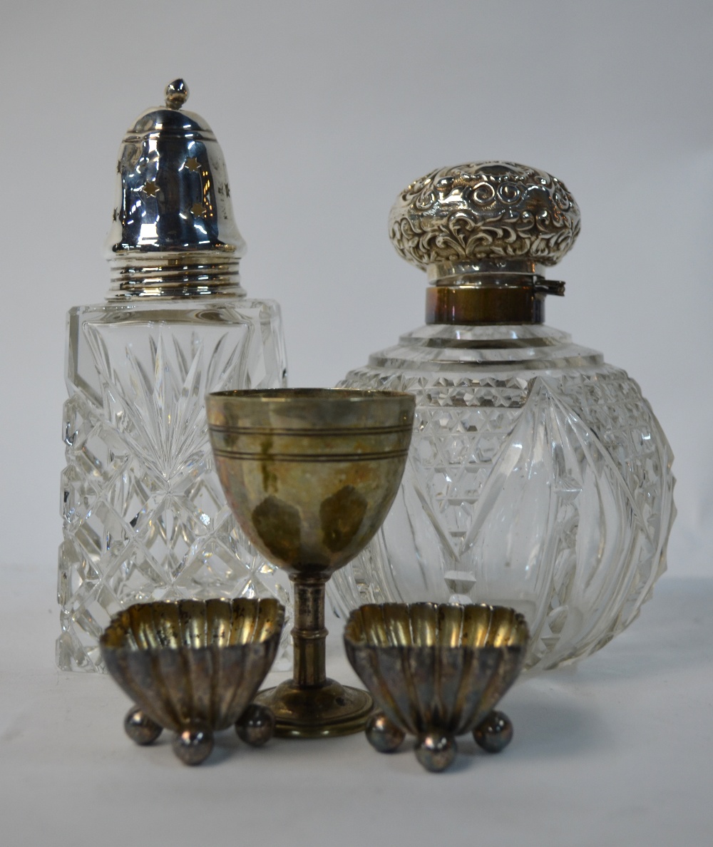 A cut glass globular scent bottle with silver bun cover, to/w a silver-topped glass sugar caster, - Image 4 of 5
