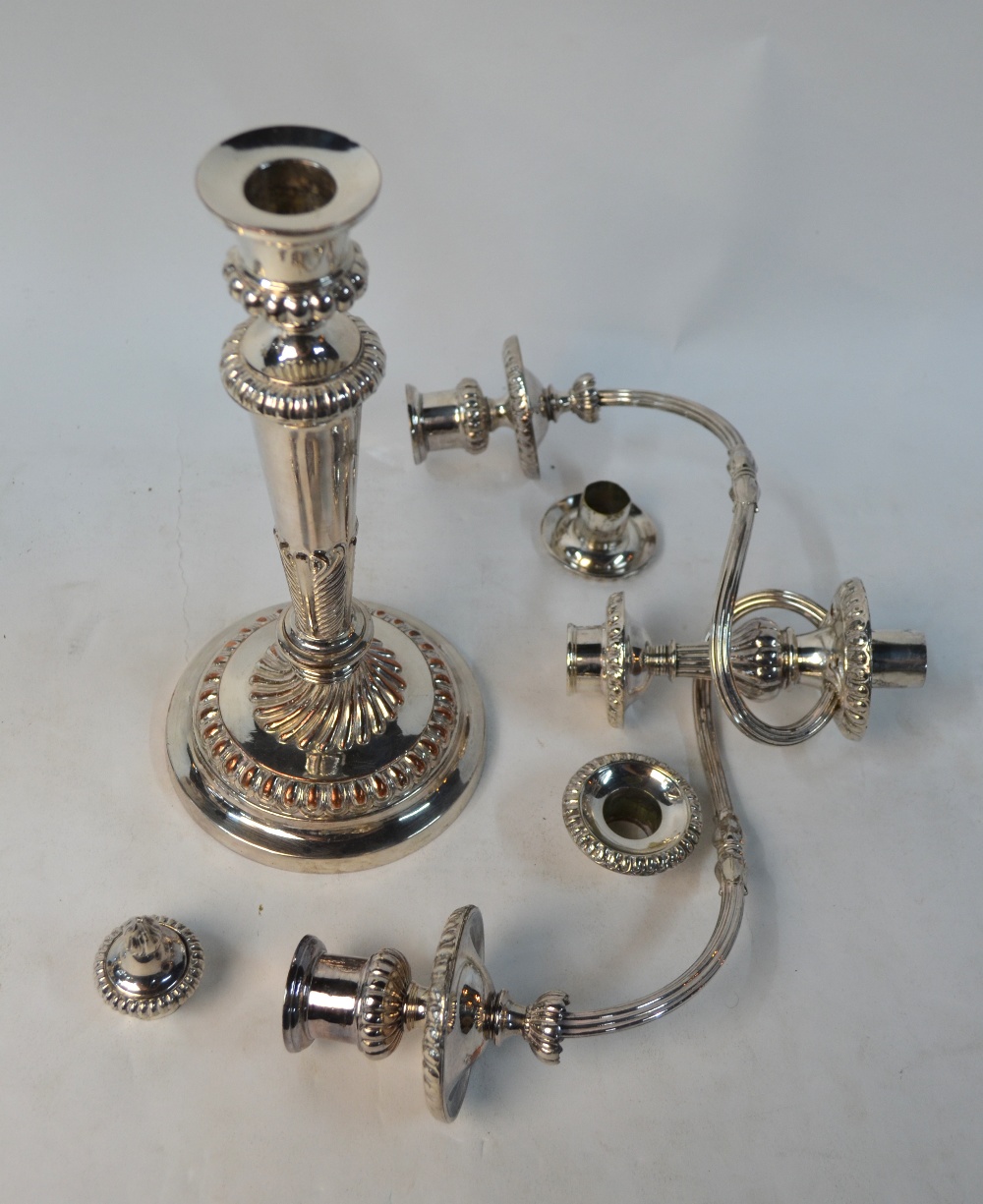 A pair of electroplated twin-branch candelabra on baluster pillars and circular bases - Image 8 of 8