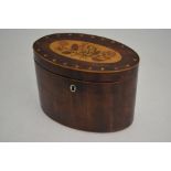 A Sheraton style inlaid mahogany oval tea caddy,