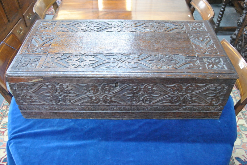 A 17th century six plank oak bible box,