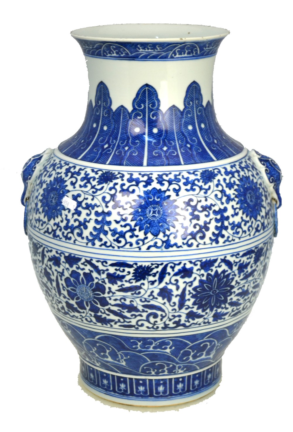 A blue and white vase with flaring trumpet neck,
