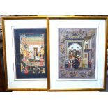 Two Jaipur School paintings on textile; each one depicting Scholars in narrative scenes,