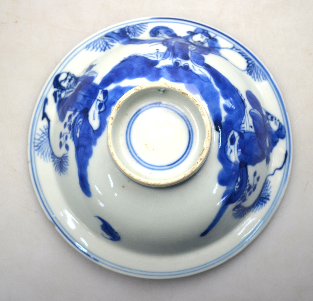 A blue and white bowl decorated on the exterior with three scholars, - Image 4 of 6