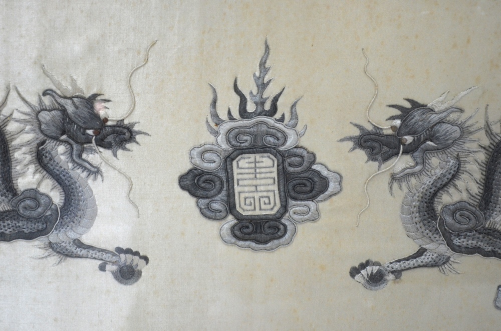 A Chinese textile of rectangular form, designed with a pair of confronting, five-clawed dragons, - Image 9 of 11