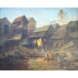 Manner of George Chinnery, oil on canvas, a Chinese Hong or Trade Settlement,
