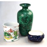 Three ceramic wares, comprising: a bitong decorated with scholars and their attendants,
